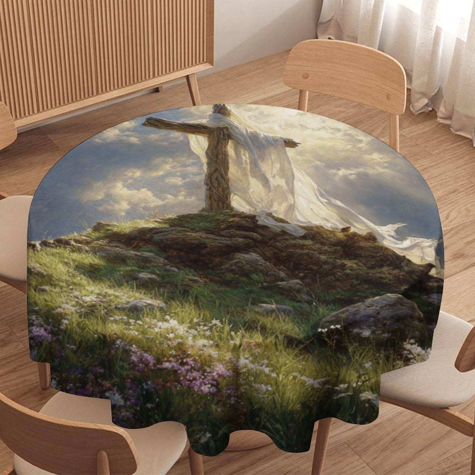 LUYYSKY Colorful Realistic Crosses Waterproof Round Tablecloth Rustic Watercolor Art Sunrise Landscape Easter Cross Flowers Print Washable Table Cover for Kitchen-177.8" Wx177.8 L cm