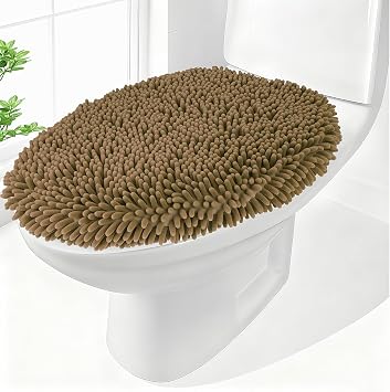 Chenille Elongated Toilet Seat Cover 19.5"x 15" Machine Washable Solid Toilet Lid Cover Adjustable Rubber Backing Fits Only 18-19.5"L x 14-16"W Elongated Toilet Seat
