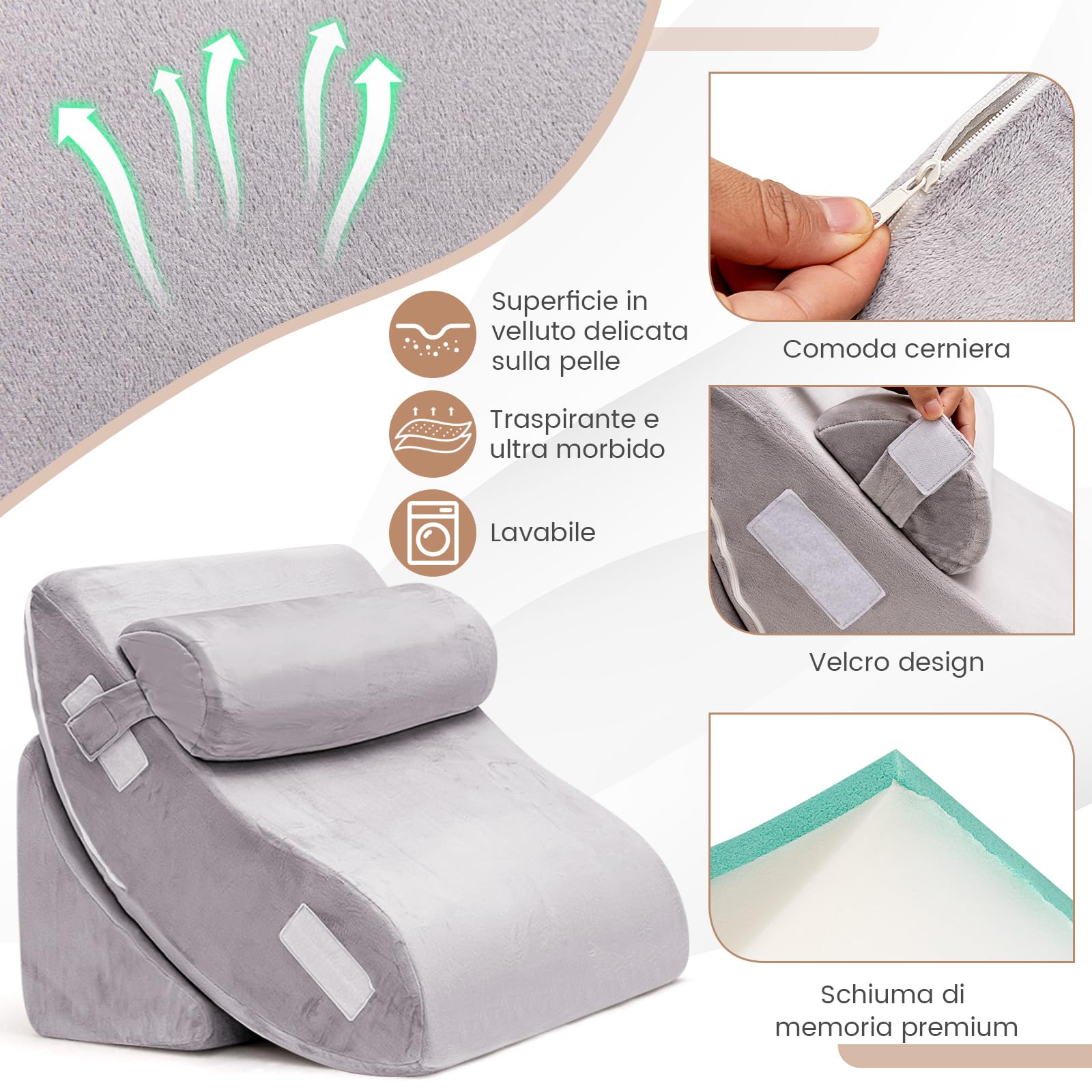 GYMAX Set di Cuscino a Cuneo per Letto/Divano, in Memory Foam, Cuscino Ergonomico, Supporto per Collo/Lombare/Schienale/Gambe, Forma Regolabile, Design Ortopedico, Grigio (6 Pz)
