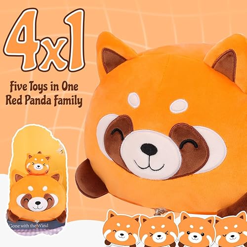 Miniatura 5 de Almohada de peluche de panda rojo para mamá con 4 peluches de panda, súper suave, Kawaii para abrazar, regalo para ropa de cama de niños