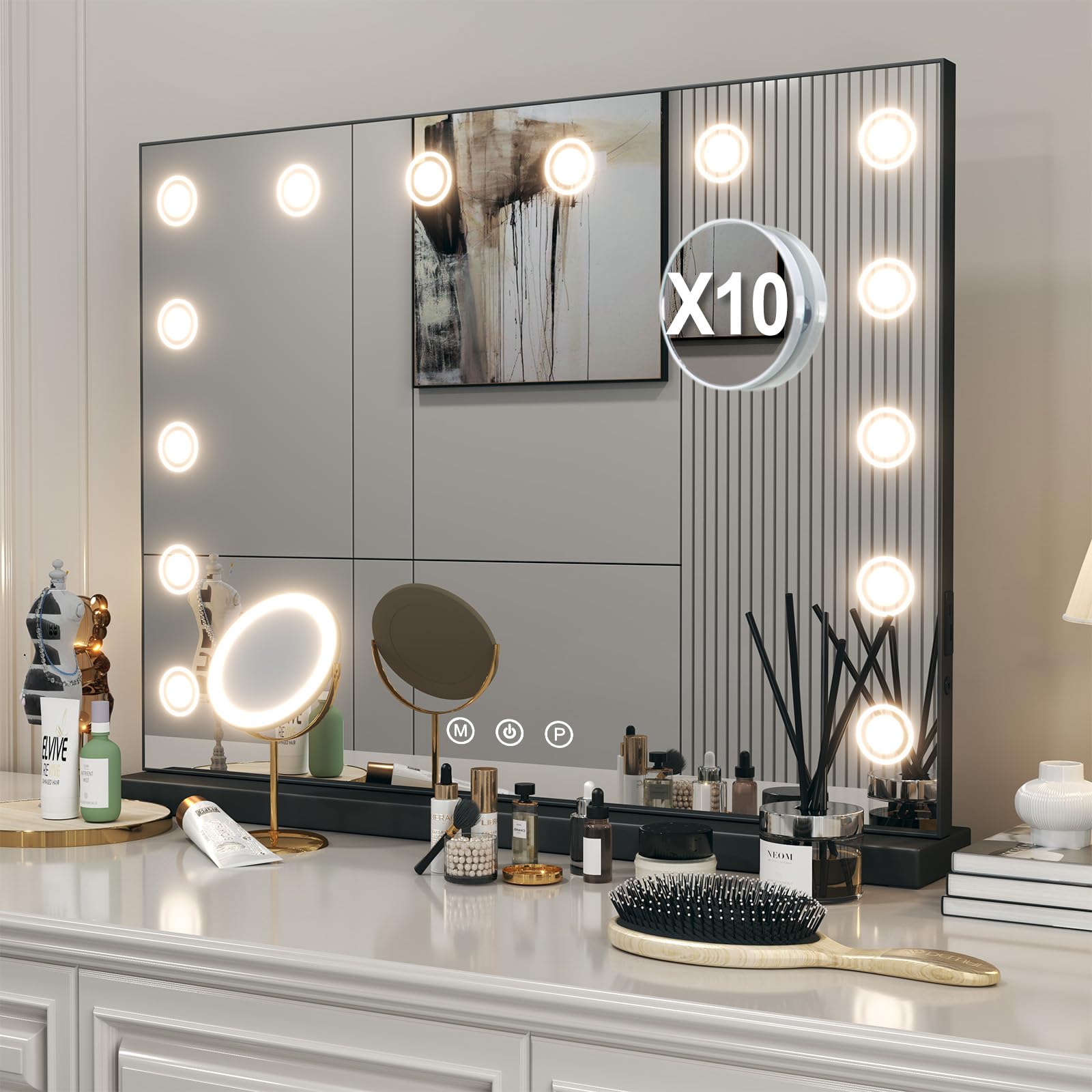 Buildonely Espejo de Maquillaje Hollywood 80 x 60 cm, Espejo Grande con 14 Luces LED Regulables, 3 Modos, Función de Memoria, Cargador USB y Type C, Montaje en Pared y Sobremesa, Negro