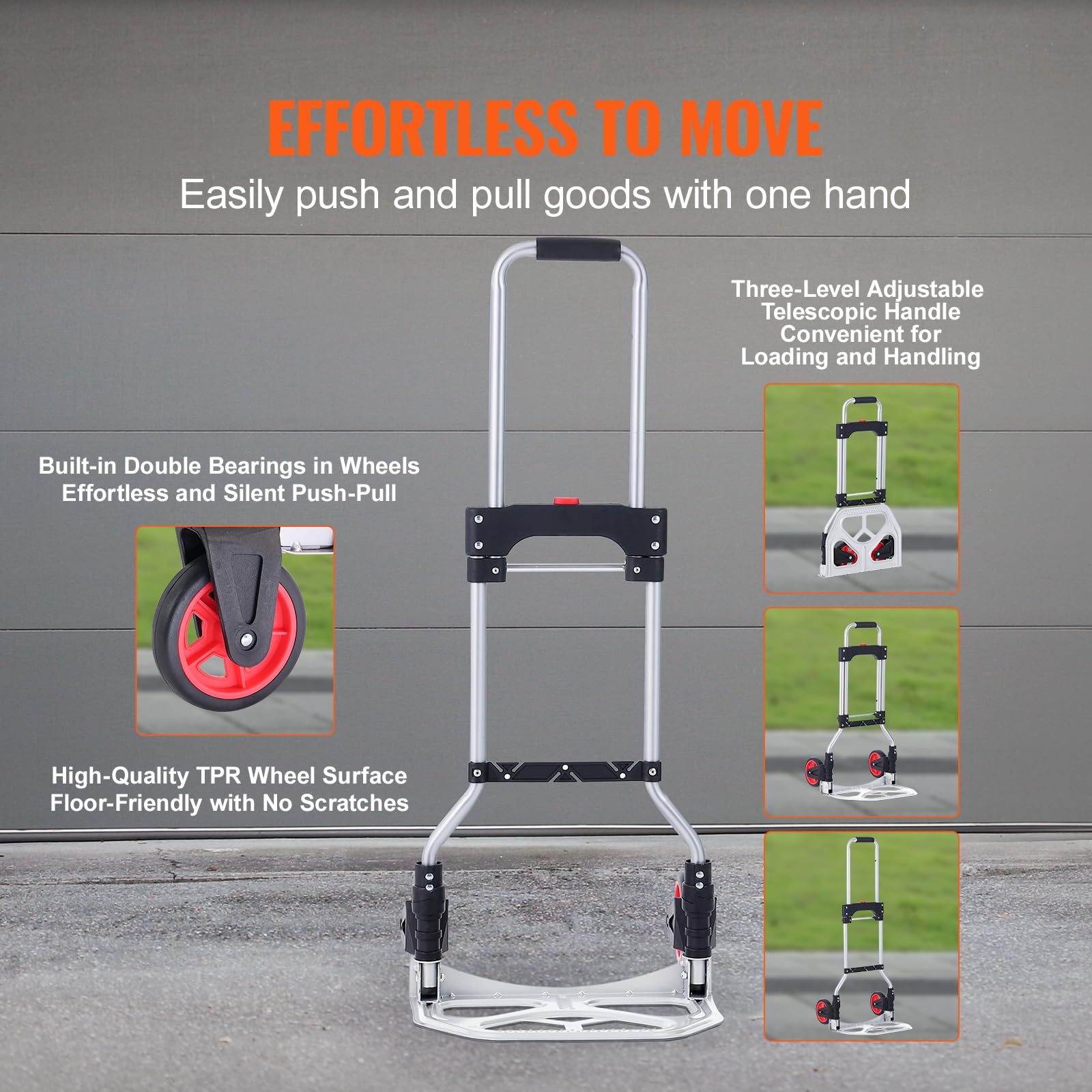 VEVOR Sackkarre Klappbar 80kg Transportkarre aus Aluminiumlegierung und Kunststoff Stapelkarre mit verstellbarem Griff 715-930mm Faltbarer Trolley inkl. Bindeseil kompakte Größe zum Verstauen