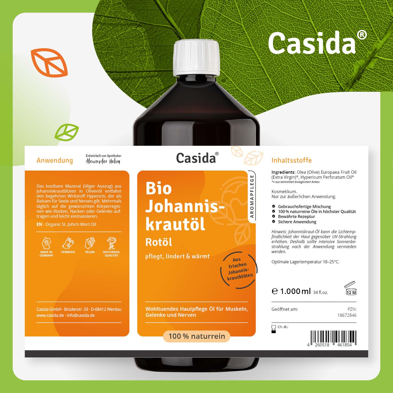 Casida® Olio di erba di San Giovanni (Olio Rosso) - Olio di Iperico - Olio rosso riscaldante e lenitivo per massaggi e frizioni - 1000 ml (1000 ml)