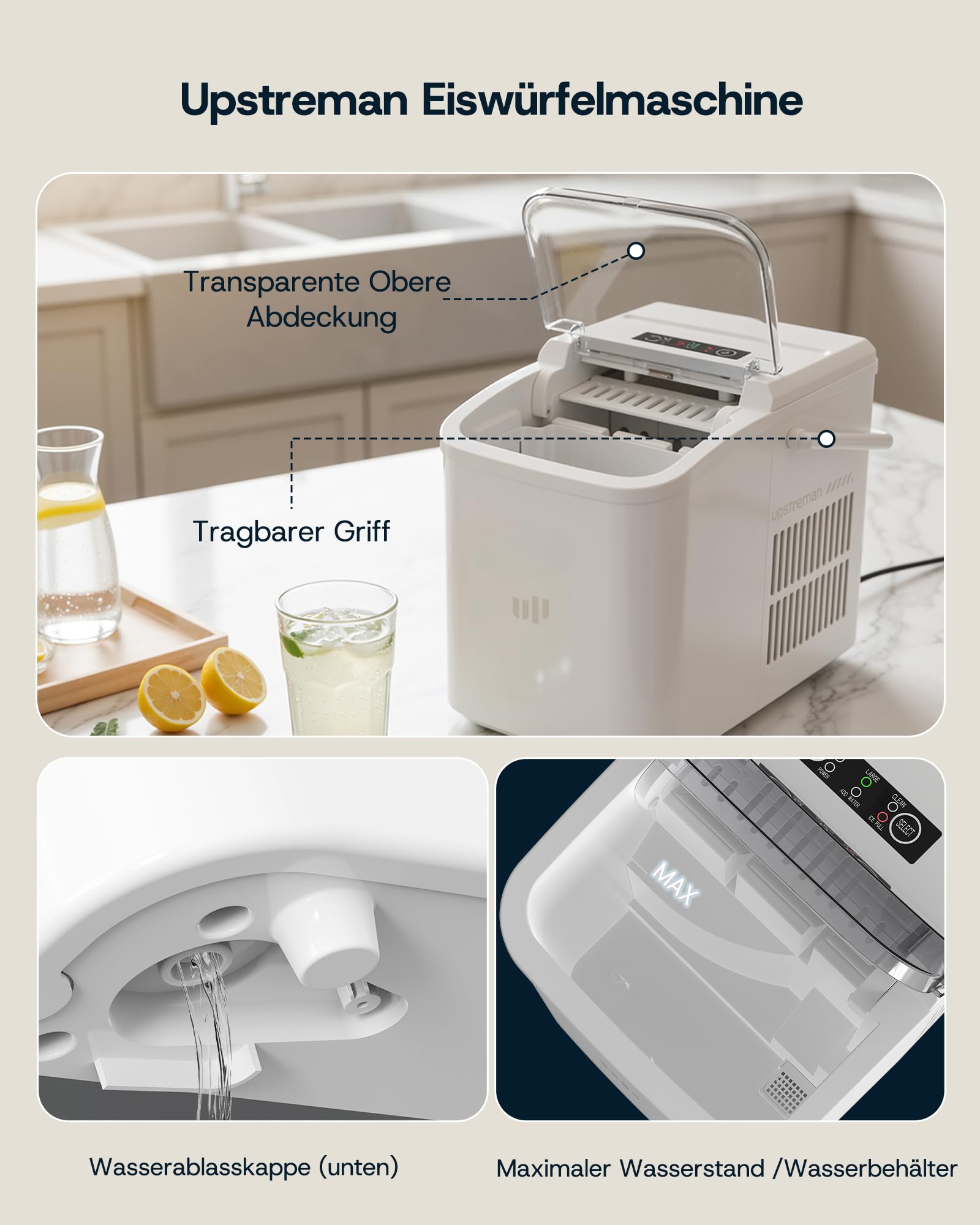 Upstreman Kleine Eiswürfelmaschine mit Selbstreinigung, 12kg / Tag, 9 Würfel in 6-8 Min, 2 Eisgrößen Wählbar, Leise & Tragbar, Ice Cube Maker für Zuhause, Küche, Büro, Bar und Party, BI12-Weiß