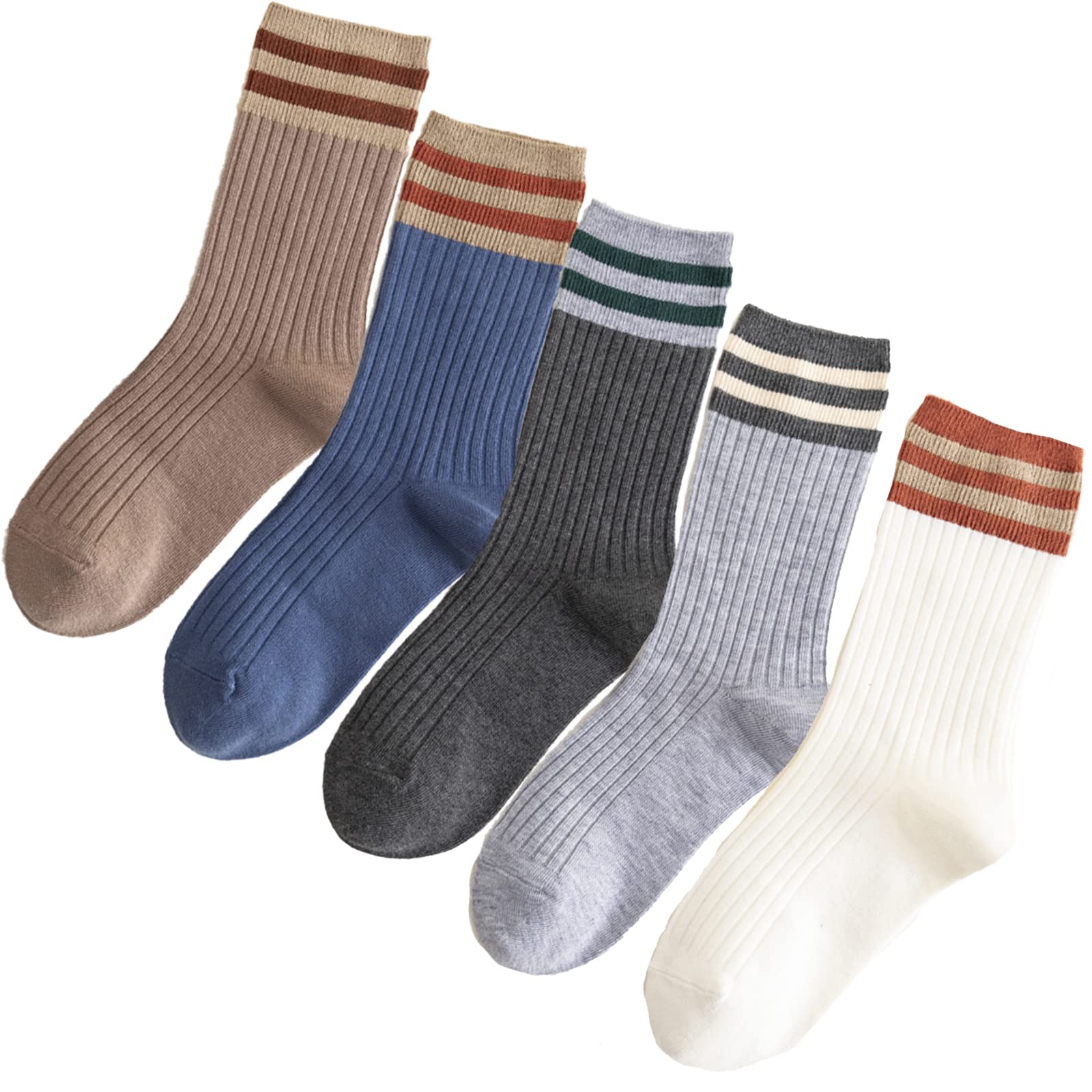 5 Pairs Fashion Striped Athletic Socks,Casual Cute Vintage Crew Socks,All Season Socks for Women Girls
