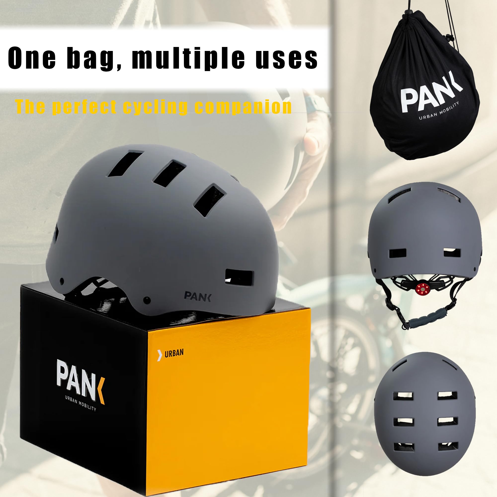 PANK Casque de vélo avec la lumière Casque Trottinette Certifié CE Casque trotinette Electrique pour Homme Femme Adultes, Noir Mat et Gris, M (55-58 cm) & L (59-62 cm)