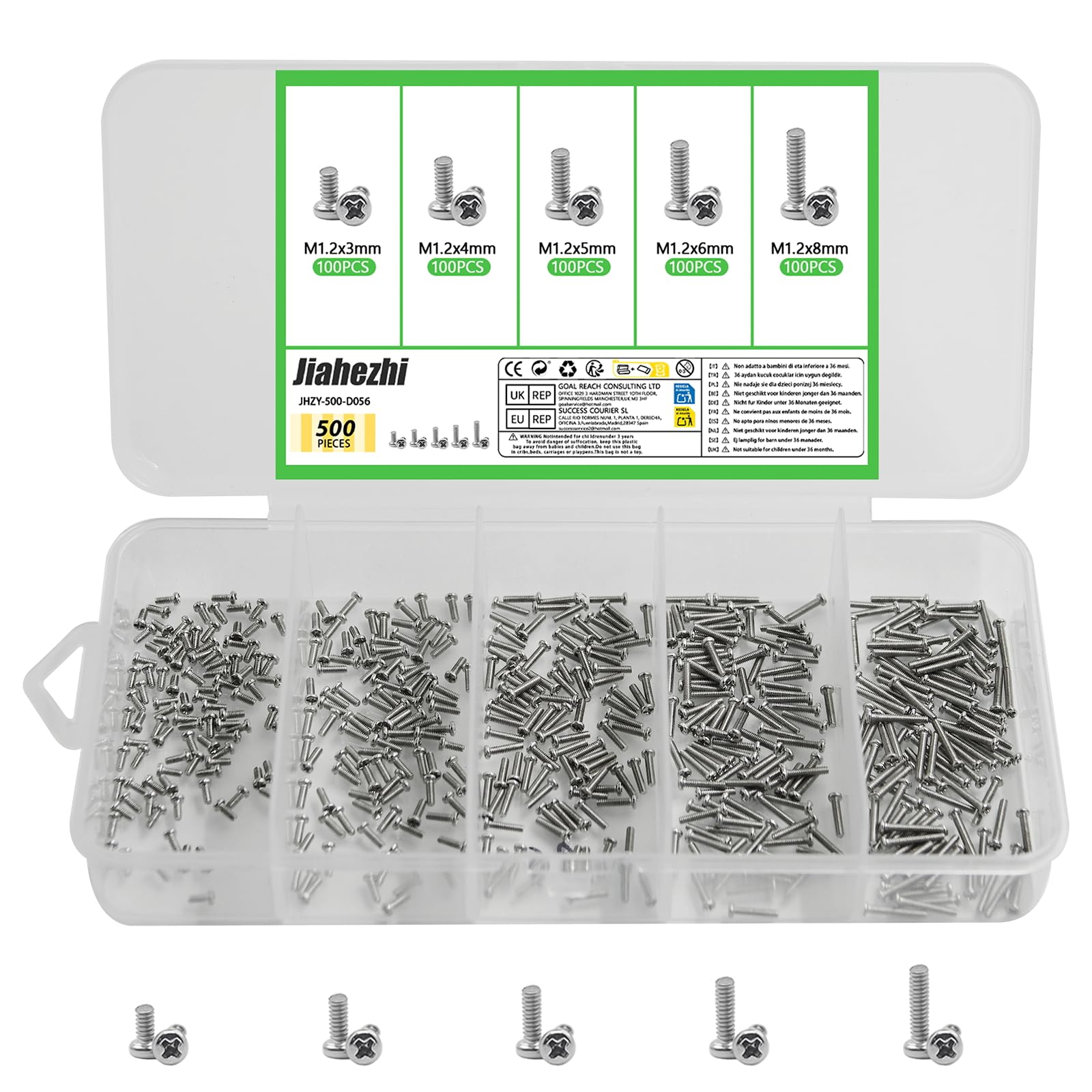 500 Pcs M1.2 Metric Micro Screws & Nuts Assortment, 304 Stainless Steel Phillips Pan Head Fully Threaded Kit for Arduino, RC Models, Electronics, DIY Projects - High Quality Fasteners