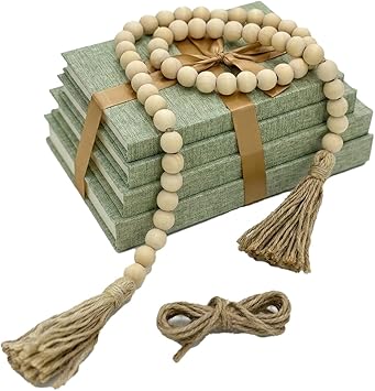 Decorative Books for Home Decor-Set of 4 Real Linen Decorative Books, Stacked Books with Wood Bead Garland, Jute Twine & Satin Ribbon, Neutral Modern Farmhouse & Boho Shelf Decor Sage