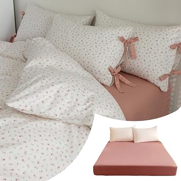 VM VOUGEMARKET 3 Pieces Flower Duvet Cover Set + 1 Matching Fittedd Sheet