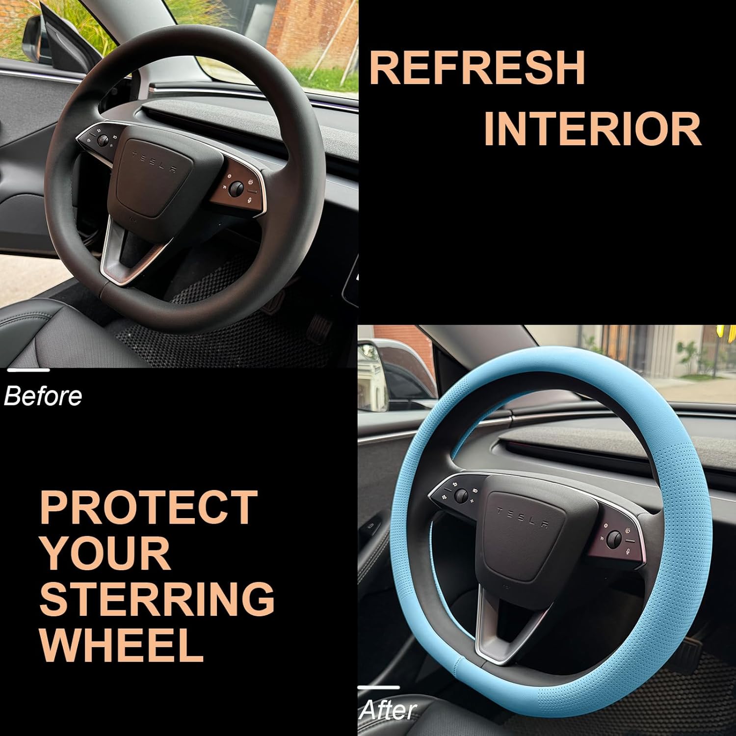 PINCTROT Nappa Leather Steering Wheel Cover for Tesla Model Y/3 Highland/Juniper, D Shaped 14 Inch Small Sized with Breathable Perforation, Fit Like Gloves, Flat Bottom 14 Inch(Nappa Aqua)