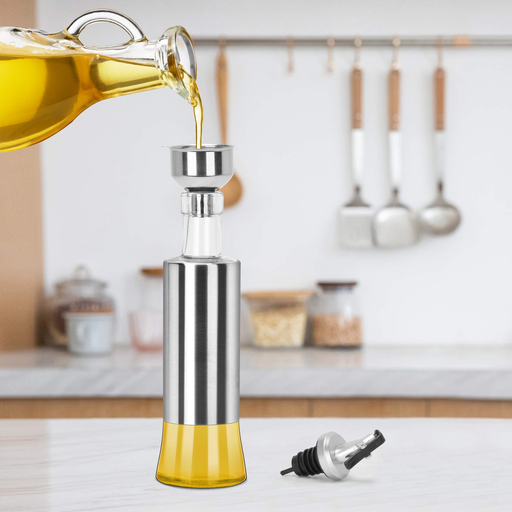 Only fire - Set di 2 dispenser per olio e aceto, in acciaio INOX, 340,2 g, per bottiglie di salsa in vetro, per cucina e barbecue (2 imbuto incluso)