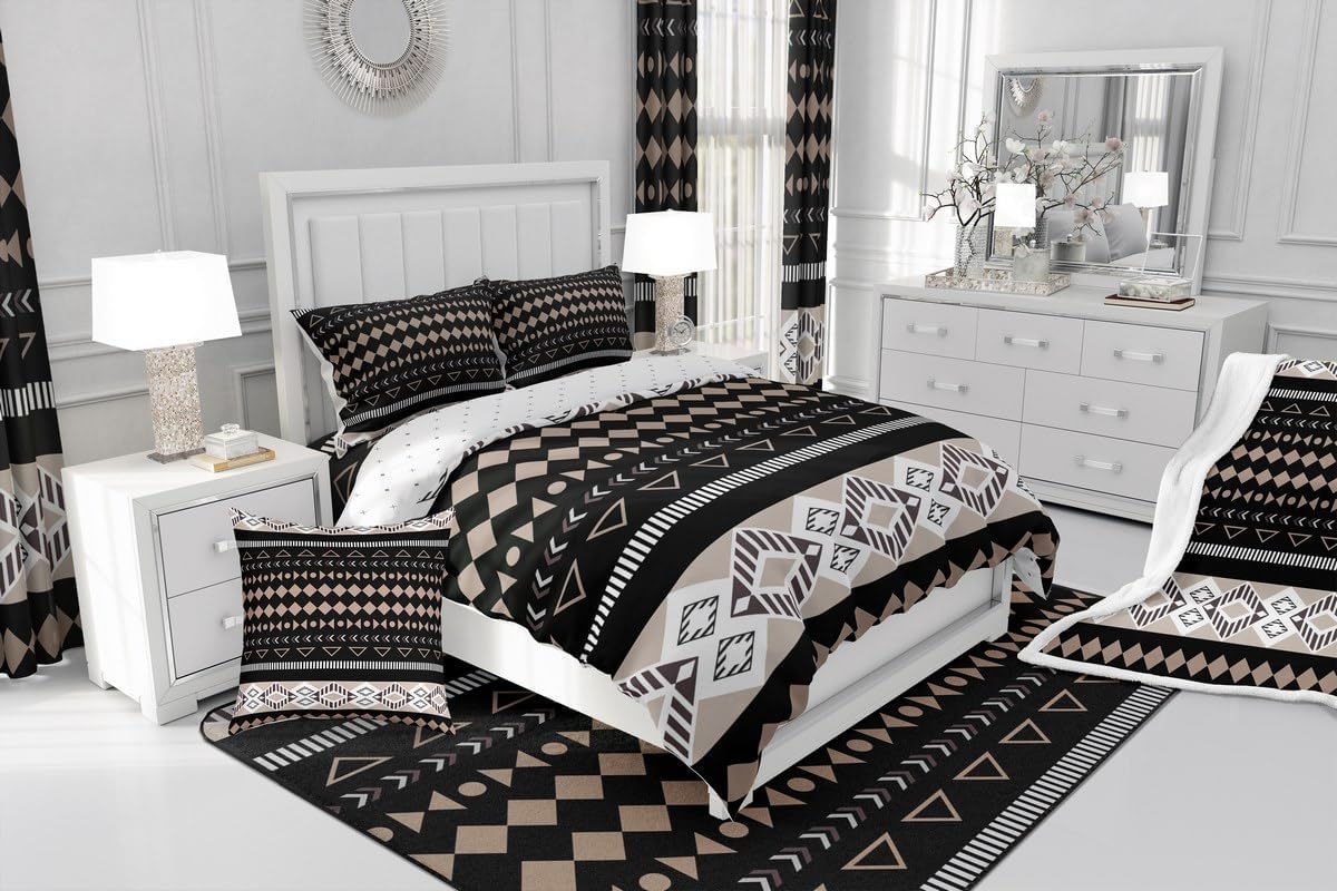 jejeloiu Black Bohemian Aztec Bedspread Boho Exotic Bedspread for Kids Boys Girls Colorful Geometric Stripes Coverlet Set Southwestern Quilted Bedroom Collection 3Pcs Queen Size