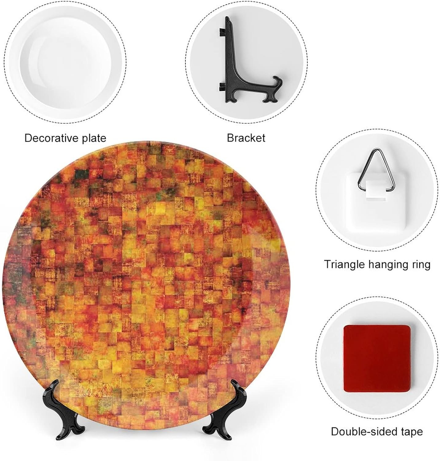 XISUNYA 10 Inch Decorative Plate, Burnt Orange Ceramic, Geometric Mosaic Print, Modern Style, Reusable, Microwave & Dishwasher Safe Occasions