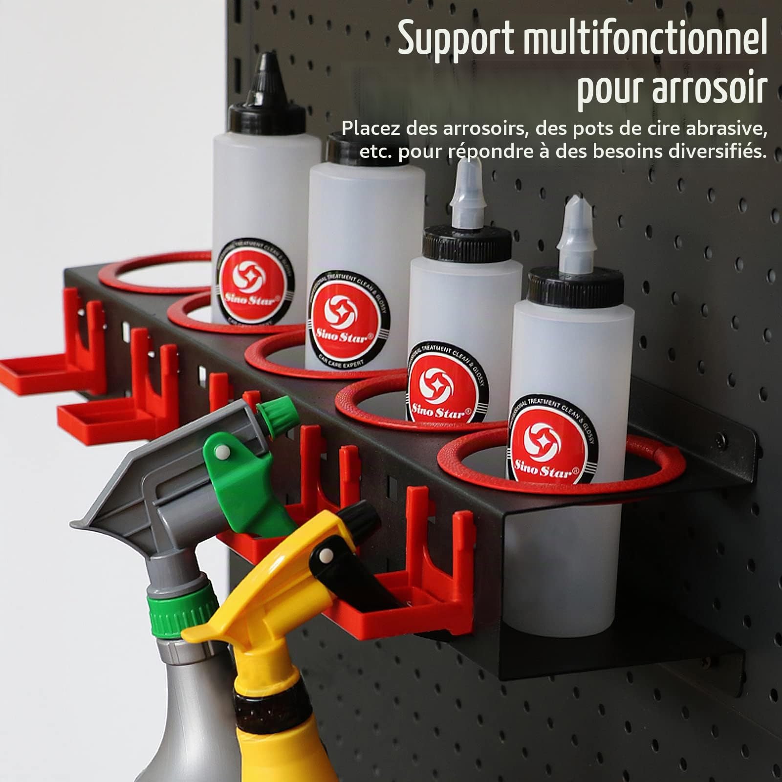 Support mural pour flacon pulvérisateur – Support en acier de qualité supérieure avec 5 crochets, diamètre 83 mm, outils de garage, rangement d'atelier de jardin