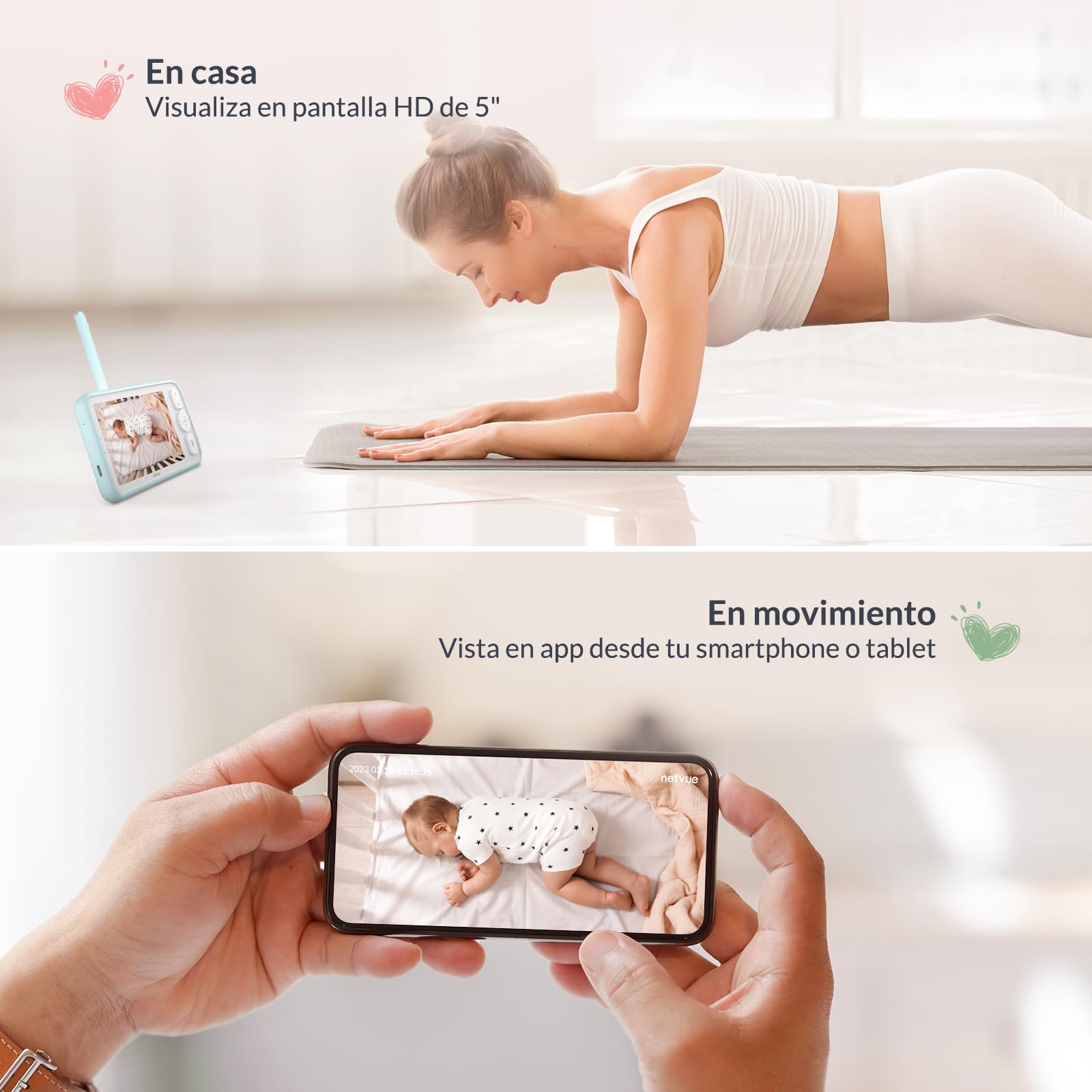 NETVUE Camara Vigilancia Bebe con Soporte 4 en 1, Azul 5000mAh Inalámbrico 5" Vigilabebes con Camara, 1080P Baby Monitor con Visión Nocturna, Audio Bidireccional, VOX, Detección de llanto y movimiento