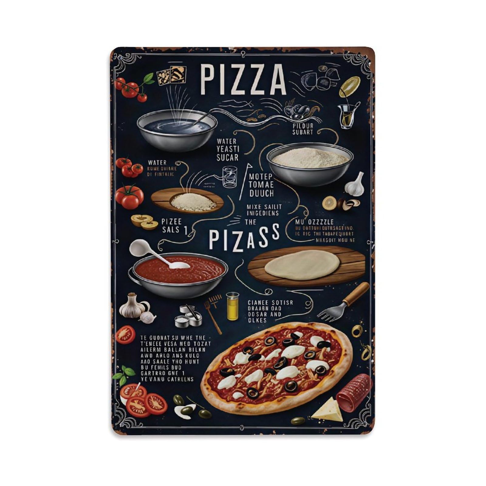 Pizza Making Ingredients Vintage Kitchen Plaque Vintage Aluminium Metal Sign, Retro Wall Decor for Home, Bar, Garage & Farmhouse 30x20cm