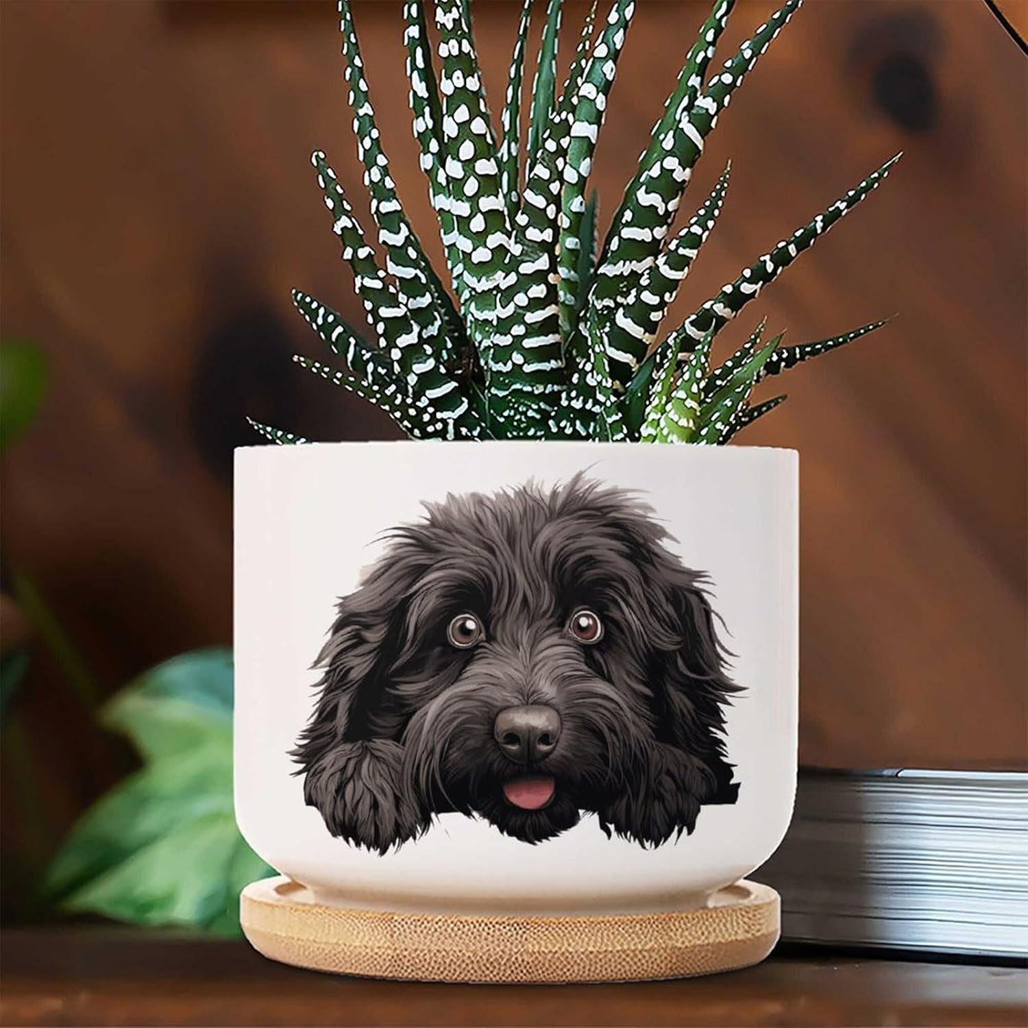 Puli Ceramic Pots for Plants Set of 3 Puli Cute Funny Peeking Dog Puppy Succulent Planters with Drainage Bamboo Trays Dog Lover Gift Small Ceramic Pots for Plants