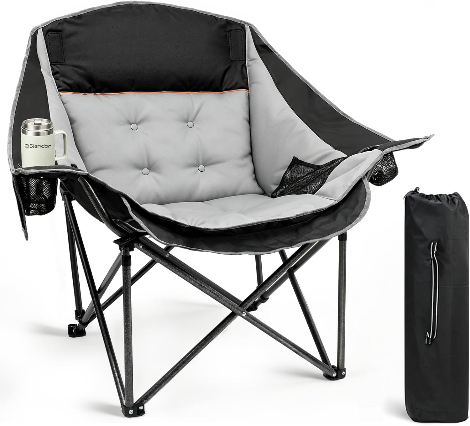 Suteck Folding Camping Chair, Oversized Heavy Duty Padded Chairs,Black Gray