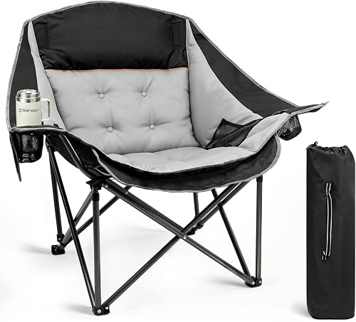 Slendor Oversized Camping Chair, 500 LBS Heavy Duty Support, Portable Padded Outdoor Folding Chairs, with Cup Holder & Carry Bag, for Lawn, Beach, Hiking, Black & Gray