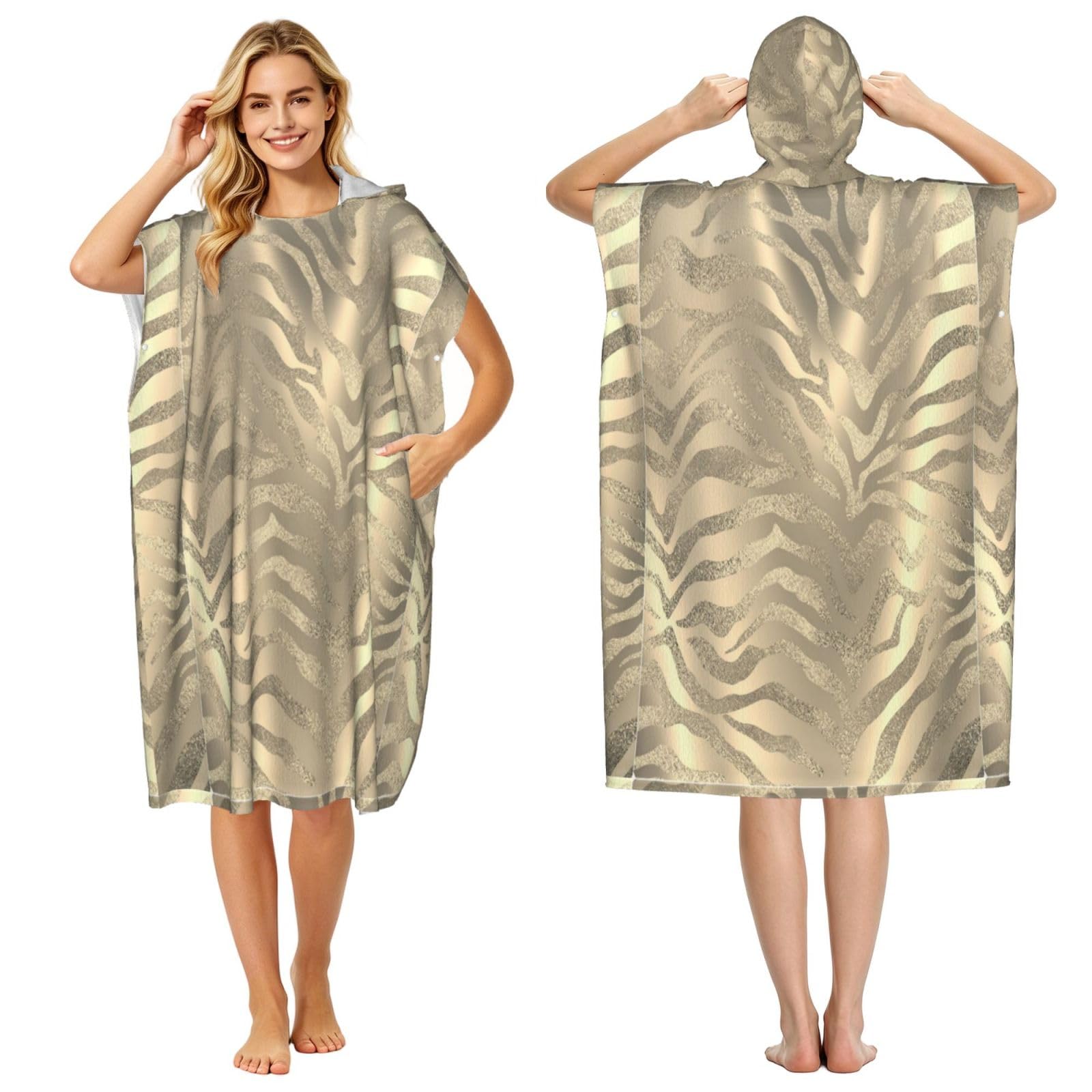 Poadnly Safari African Gold Glam Zebra Animal Skin Sepia, Adult Hooded Beach Towel 90 x 110 cm,Changing Bath Robe, Surf Poncho Towel For Women Men