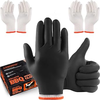 ANBOSON BBQ Gloves Disposable, Heat Resistant Grilling Gloves for Cooking | 6Mil Disposable Nitrile Gloves-100Ct & 4 Cotton Liners for BBQ, Grill, Smoker, Cooking, Food Prep, Catering, Large, Black