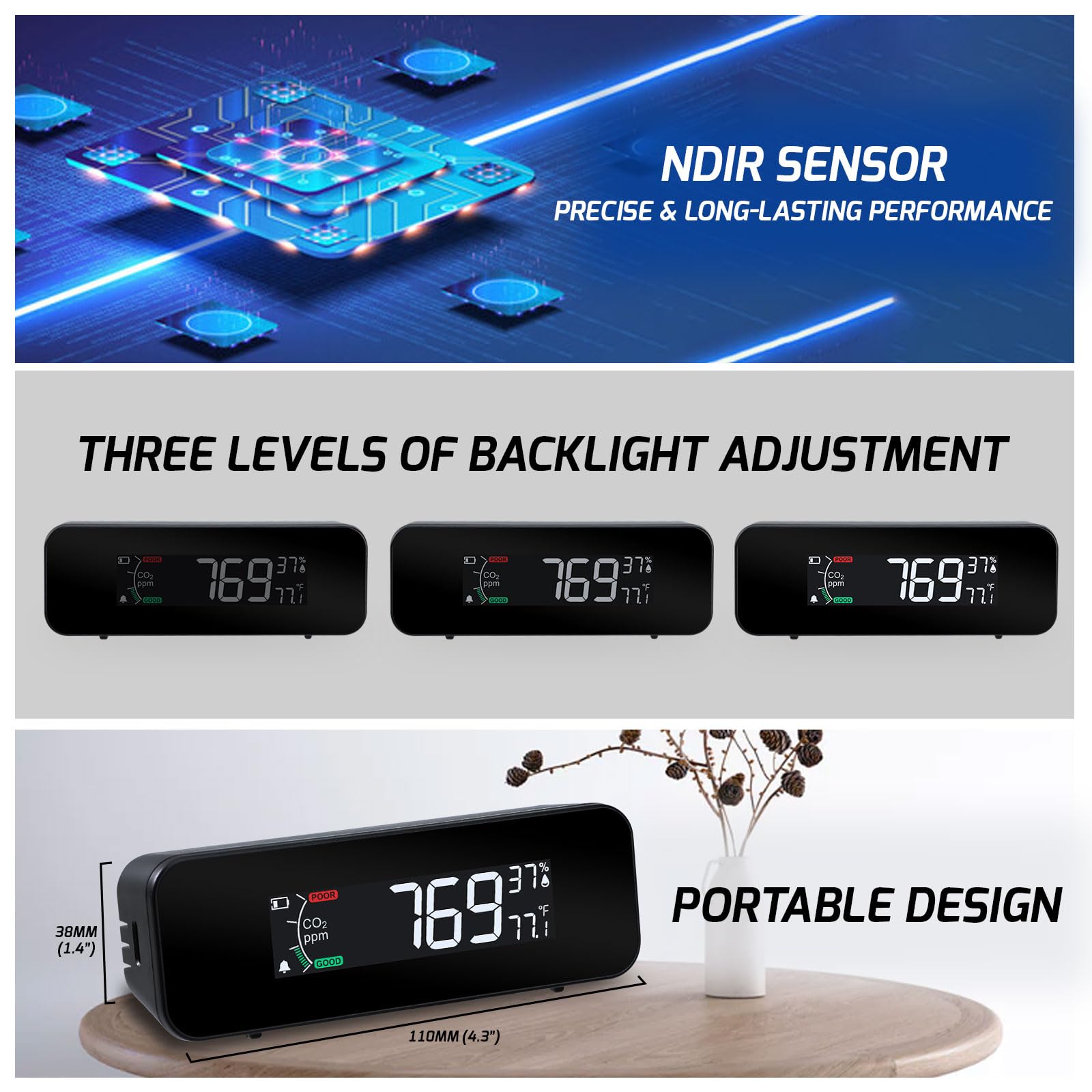 Monitor de CO2 portátil, medidor de CO2, 0 ~ 5000 pppm, detector de dióxido de carbono, mide CO2, temperatura, humedad, calidad del aire, monitor de CO2 con indicador y alarma de zumbador, detector de