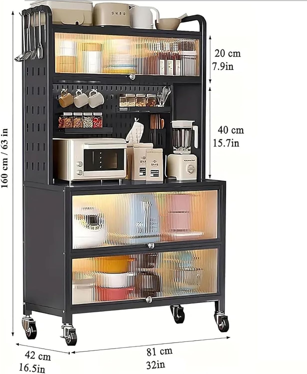 Kitchens Storage Cabinets, 5-Tier Bakers Racks for Kitchens with Adjustable Shelves and 6 S-Shaped Hooks, Microwave Stand Tall Countertop Storage Sideboard for Pantry, Spices, Pots and Pans