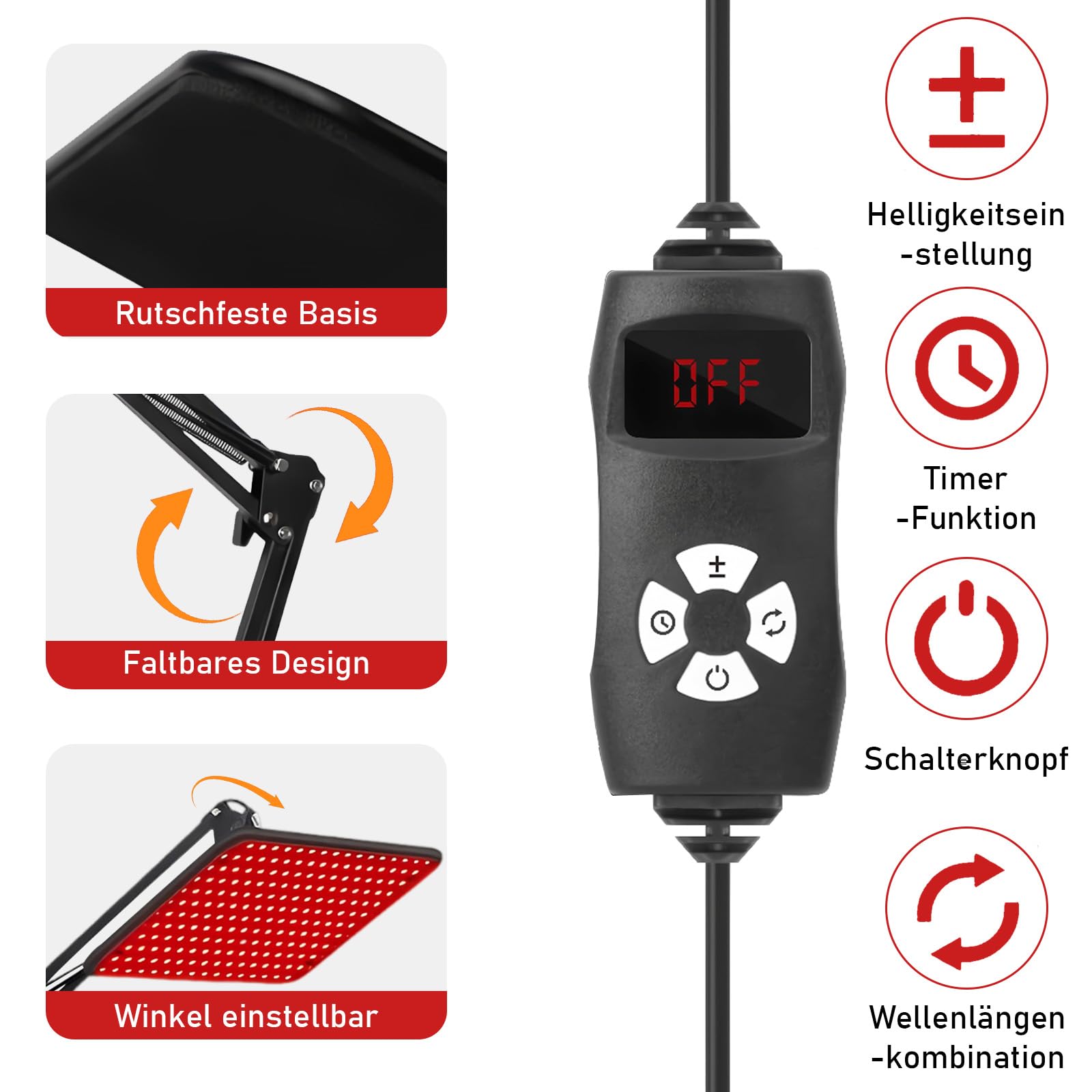 Rotlichtlampe für Ganzkörper & Gesicht Infrarotlampe mit 200 LED Tri-Wellenlänge 660nm, 850nm, 940nm Großes Wärmelampe-Panel mit Verstellbarem Ständer & Schutzbrille ideales Well