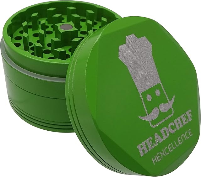 Headchef Hardcore Hexellence Ceramic Non-Stick Coated Metal Herb Grinder, 4 Piece, 62mm (Green)