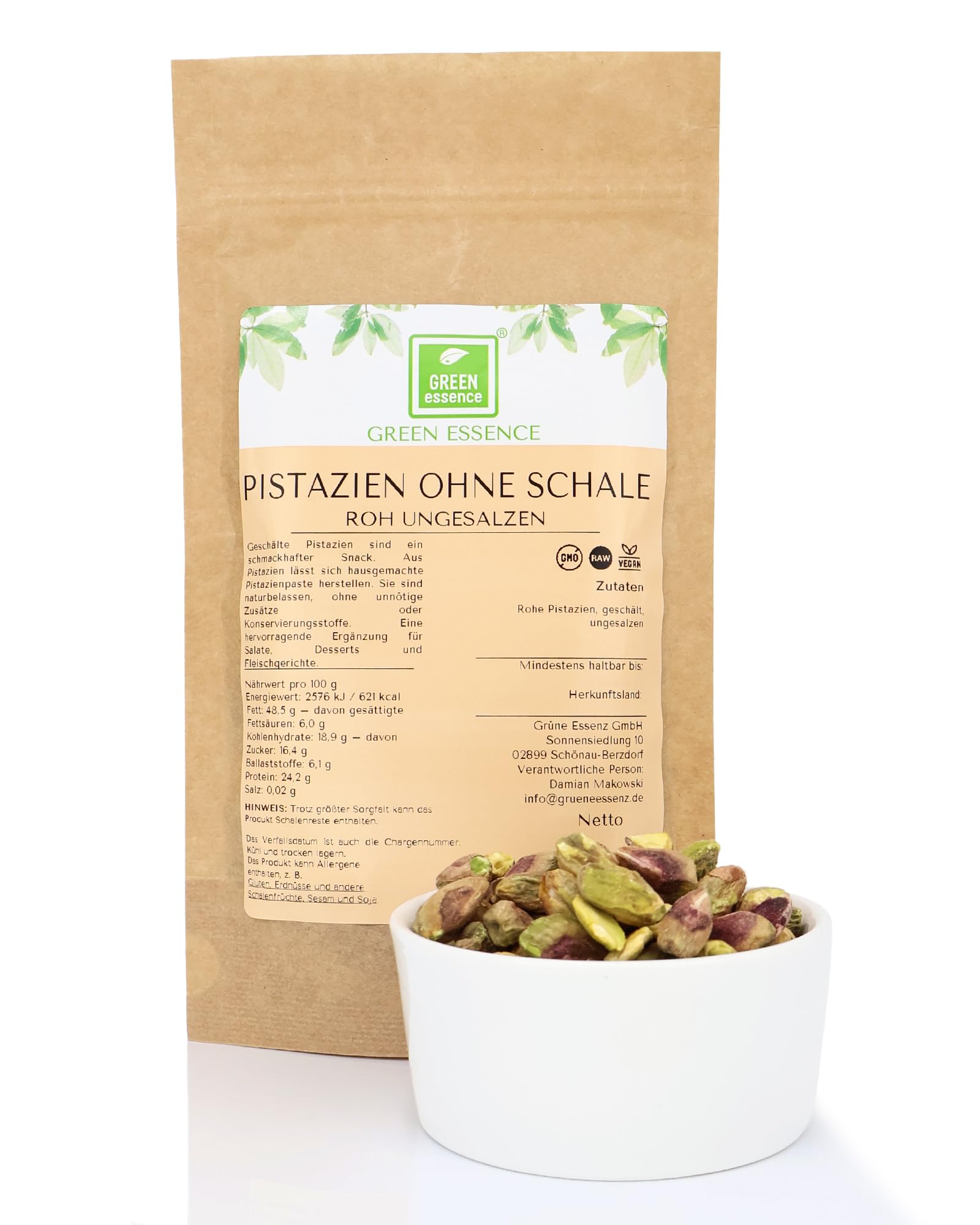Pistazien ungesalzen geschält von der Grünen Essenz – Pistazienkerne ohne Schale ohne Salz -naturbelassen - gehackte Pistachios zum Backen halbiert und ganze (500 Gramm)