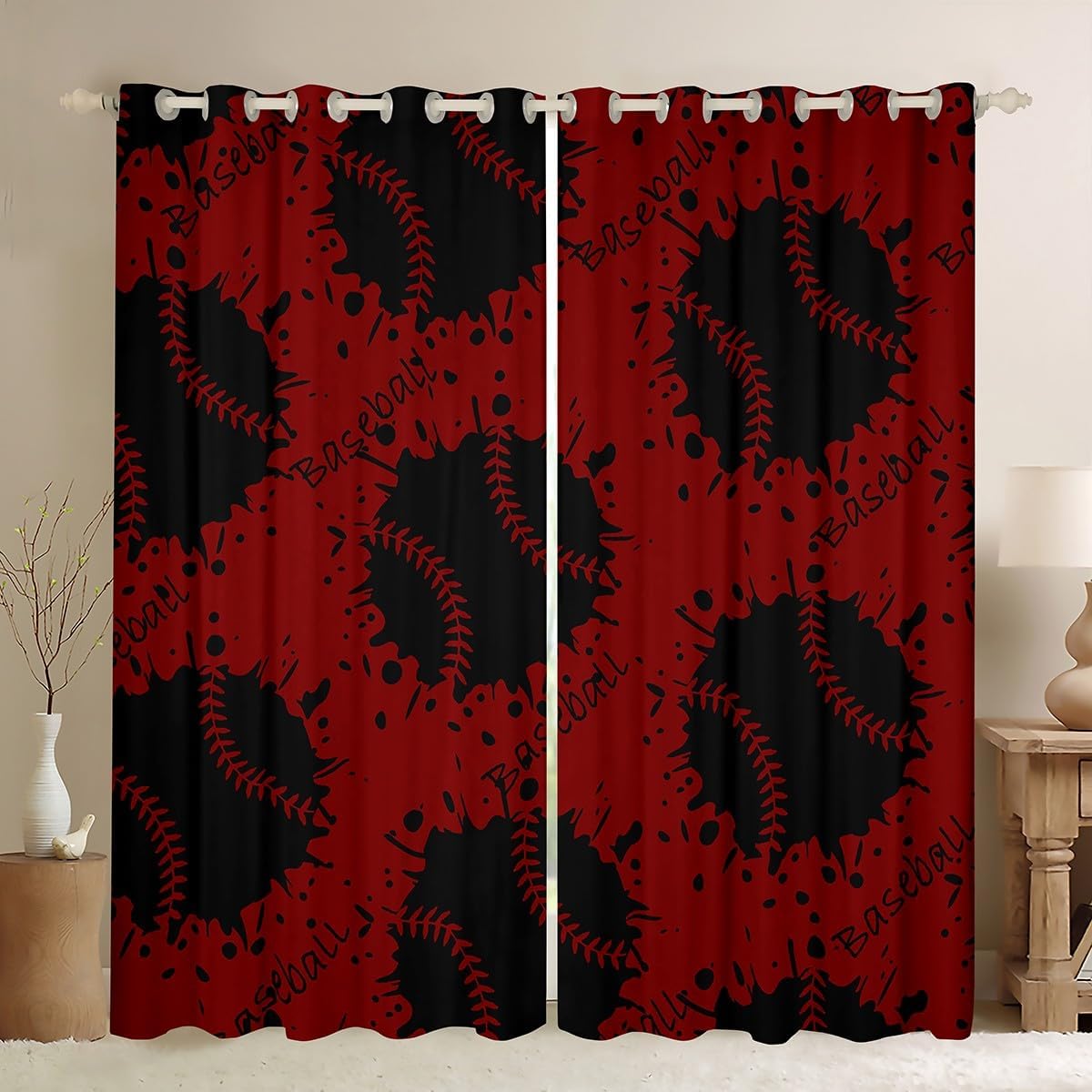 Baseball Curtains for Bedroom Living Room (2 Panels, 52 x 63 Inch) Kids Baseball Games 30%-50% Blackout Curtains Softball Sports Game Darkening Drapes Breathable Red Black Ball Window Treatments