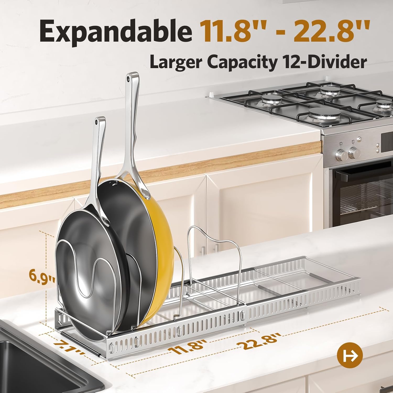 ordora pots and pans organizer under cabinet with pan holder: expandable 11.8"-22.8" kitchen cabinet organizer rack, 12 adjustable dividers storage for cookie sheets, cutting boards & lid, silver silver 12 dividers