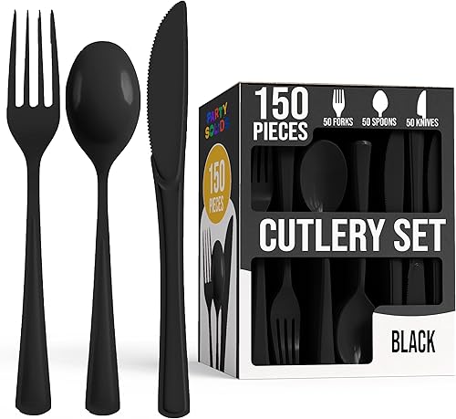 Miniatura 1 de Juego de cubiertos de plástico negro resistente, 150 piezas, juego de cubiertos de plástico negro, 50 de cada tenedor, cuchillos y cucharas, juego
