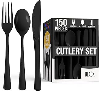 Party Solids Cubiertos de plástico negro resistente, 150 piezas, cubiertos desechables negros, juegos de utensilios, 50 de cada tenedor, cuchillos y cucharas, juego de cubiertos desechables para