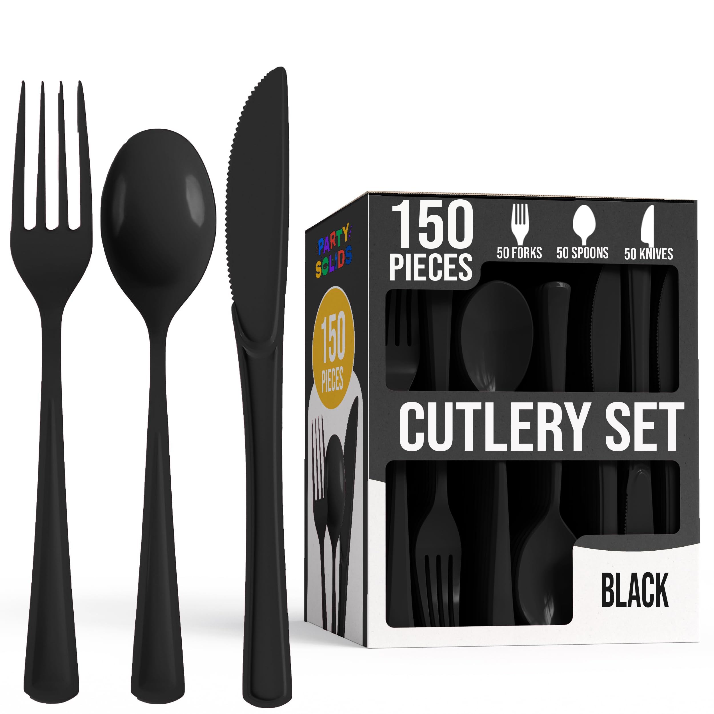 Party Solids Black Plastic Silverware Heavy Duty 150 Pieces Black Disposable Silverware Heavy Duty, Utensil Sets, 50 Of Each Forks, Knives & Spoons Disposable Cutlery Set For Party Supplies