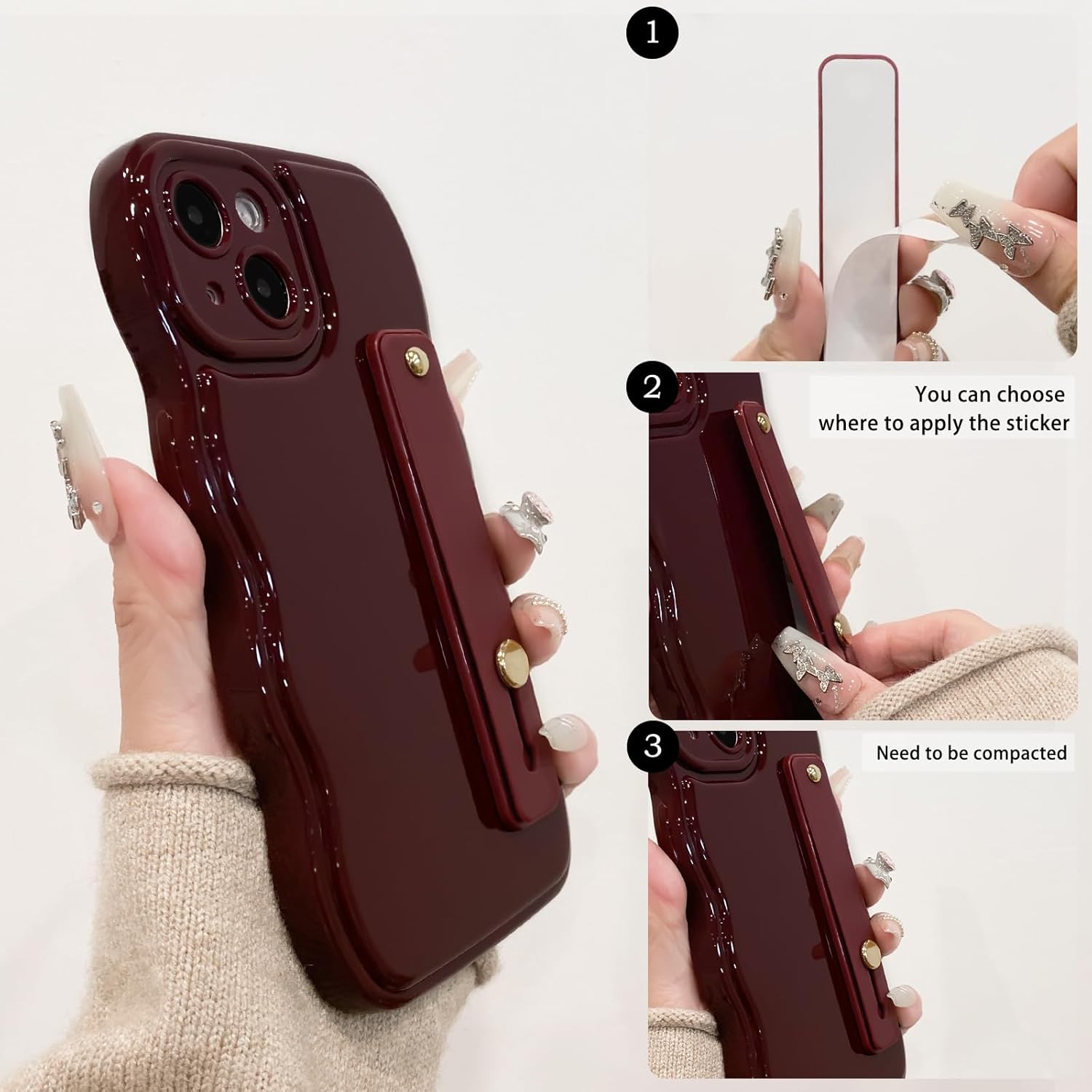 NITITOP Compatible with iPhone 14 Plus Case Cute Simple Wave Design Stylish Wavy Curly Frame with Wrist Adjustable Hand Strap Kickstand Grip Holder Soft Silicone Protective Cover - Wine Red - Image 2