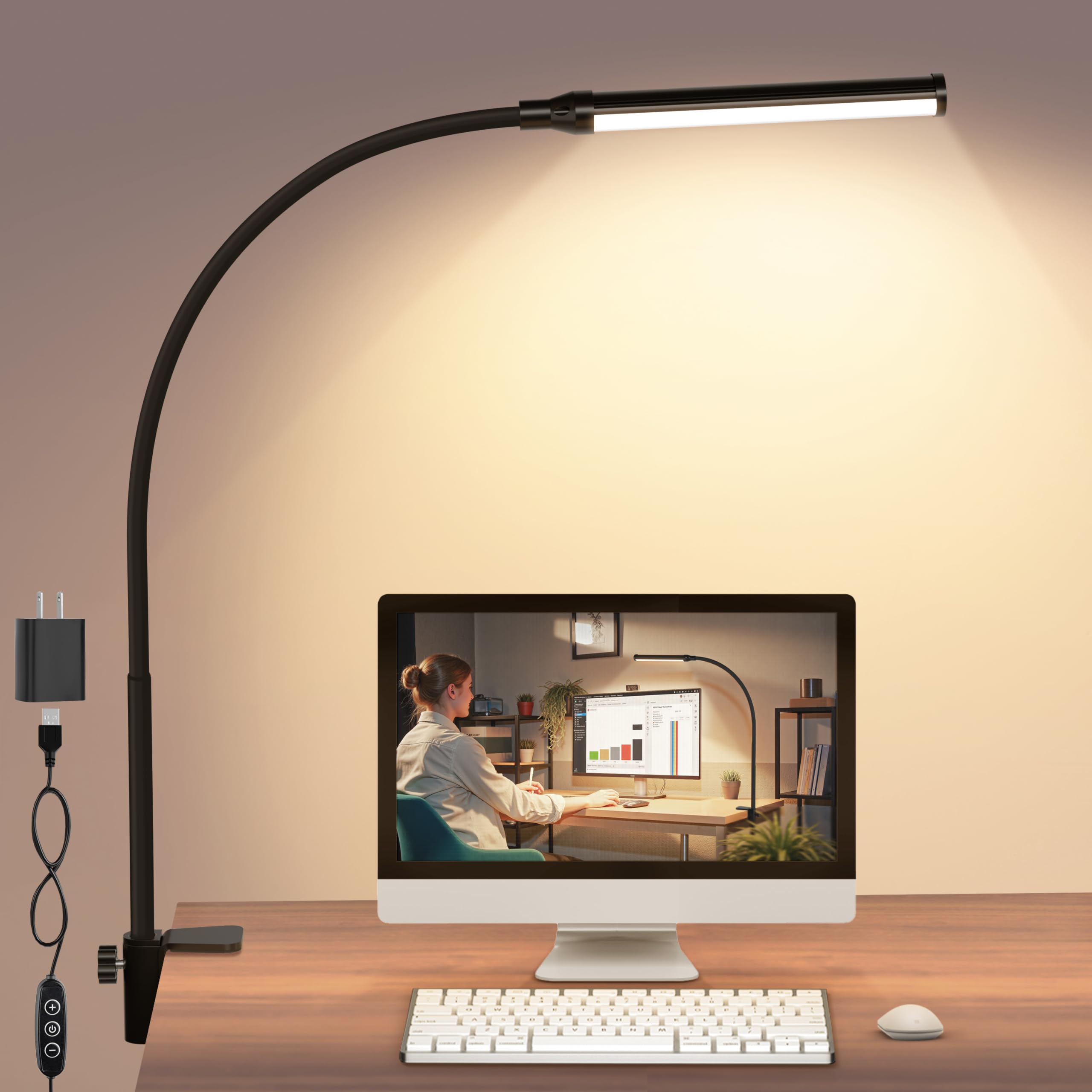 ShineTech Lampe de bureau LED avec pince, lampe de bureau à clipser pour bureau à domicile, blanc chaud 3000 K et 11 niveaux de luminosité, lampe de bureau d'architecte flexible en col de cygne, lampe