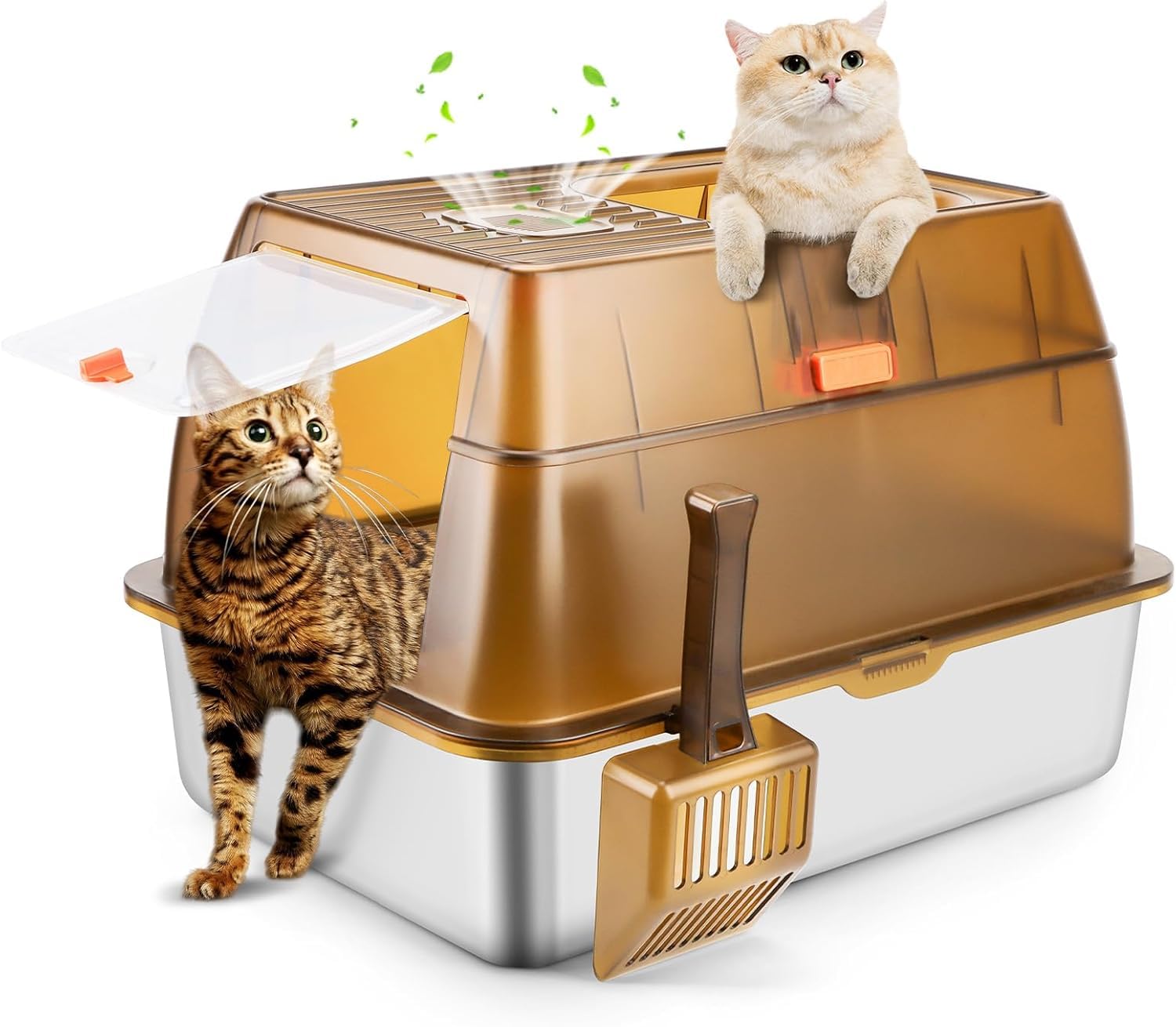 Bac à litière fermé en acier inoxydable pour chat avec couvercle, bac à litière extra grand pour chats de grande taille, bac à litière en métal à côtés hauts avec pelle, contrôle des odeurs