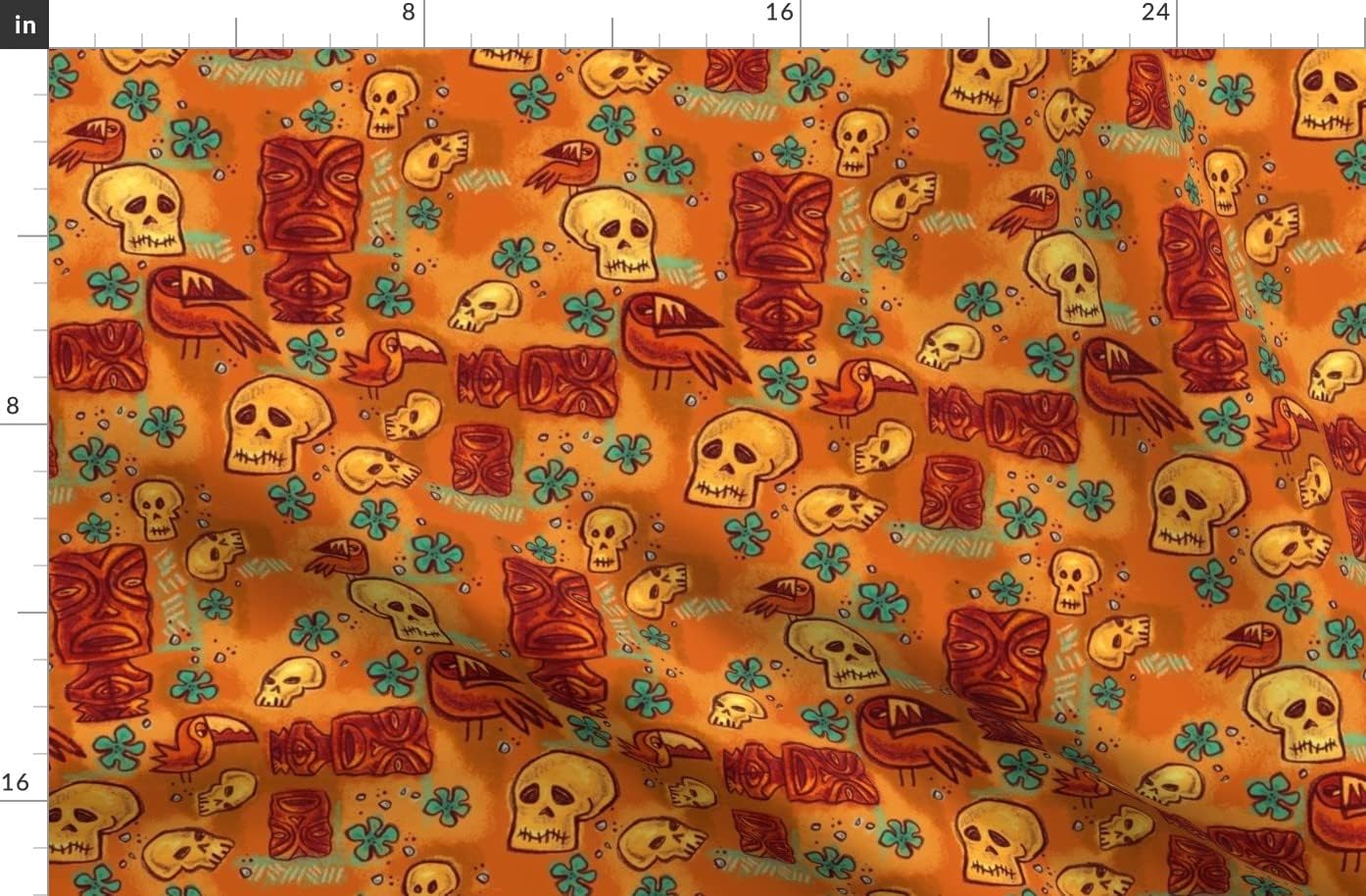 Spoonflower Fabric - Tiki Retro Hawaiian Polynesian Rust Orange Red Skull Floral Vintage Printed on Organic Cotton Sateen Fabric by The Yard - Sewing Quilting Apparel Home Decor