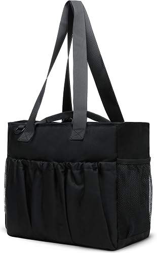 Black Utility Tote Bag with Pockets Large Tote Bag with Compartments for Women Zipper Tote Bags for School Travel Work Shoulder Tote Bag for Everyday Tote Bag with Water Bottle Pocket Women Gift