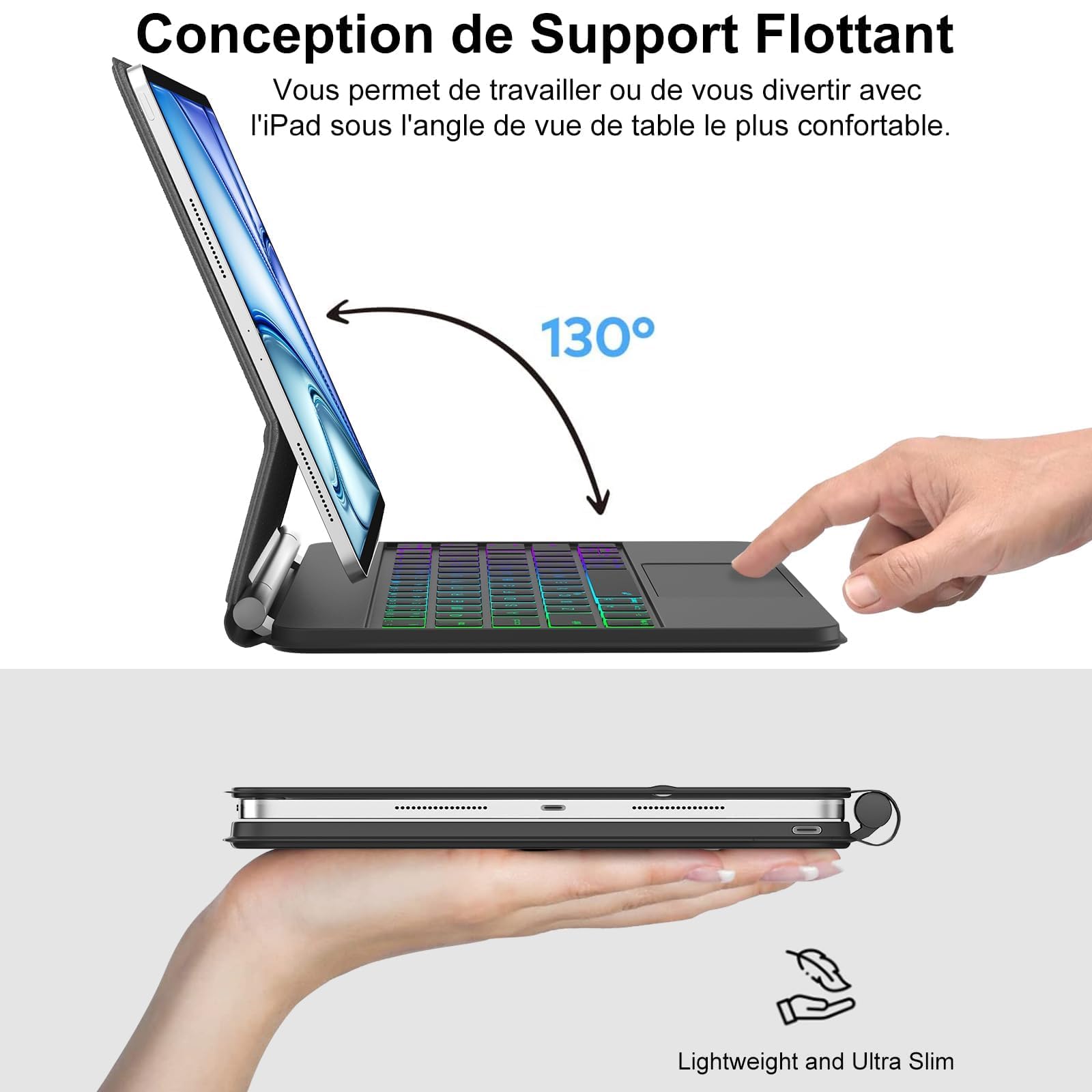 Magic Keyboard pour iPad Air 11"(M4 2026, M3 2025, M2 2024)/Air 10.9"(5e/4e Gén) et Pro 11"(2018-2022), Support Flottant et Pavé Tactile Multi-touch, AZERTY Français Clavier avec Rétroéclairées, Noir
