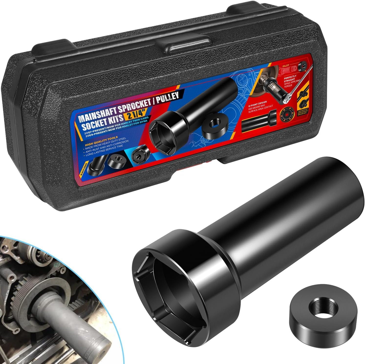 Zestaw narzędzi do nakrętki wału głównego 2-1/4" do Harley Davidson Twin Cam Dyna Electra Glide Heritage Softail 2006+ z walizką do przechowywania, kluczem nasadowym do demontażu nakrętki blokującej