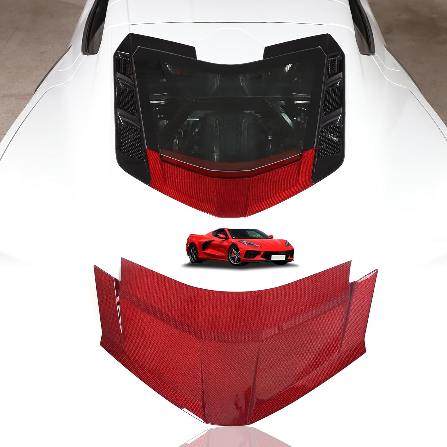 for C8 Corvette Rear Lower Window Trim Hatch Vent Carbon Fiber Cover Accessories Rear Trunk Vented Upper Glass Cover Center Hatch Trim Cover for 2020-2025 Corvette C8 Stingray Coupe Z06 Z51 (Red)