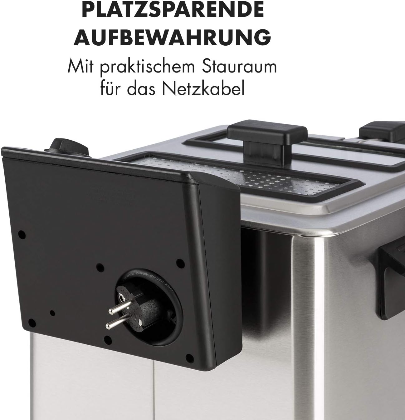 Close-up of the power cable storage compartment on the back of the deep fryer