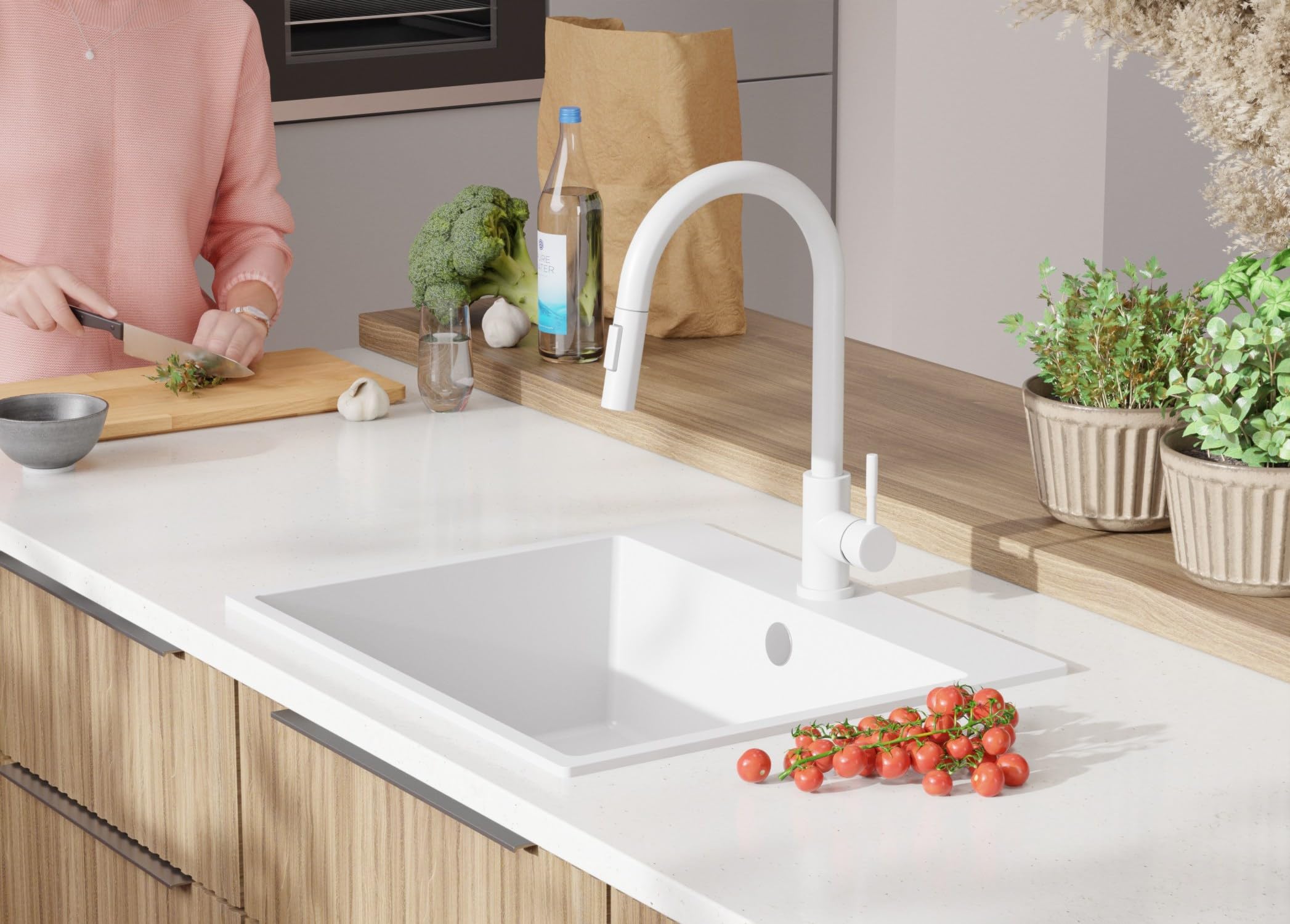 PRIMAGRAN Lavello da Cucina Tutto Bianco 58x50cm, Lavandino in Granito a 1 vasca + Sifone Classico, Lavabo da Cucina Incasso al Mobile 60cm - Riga S312