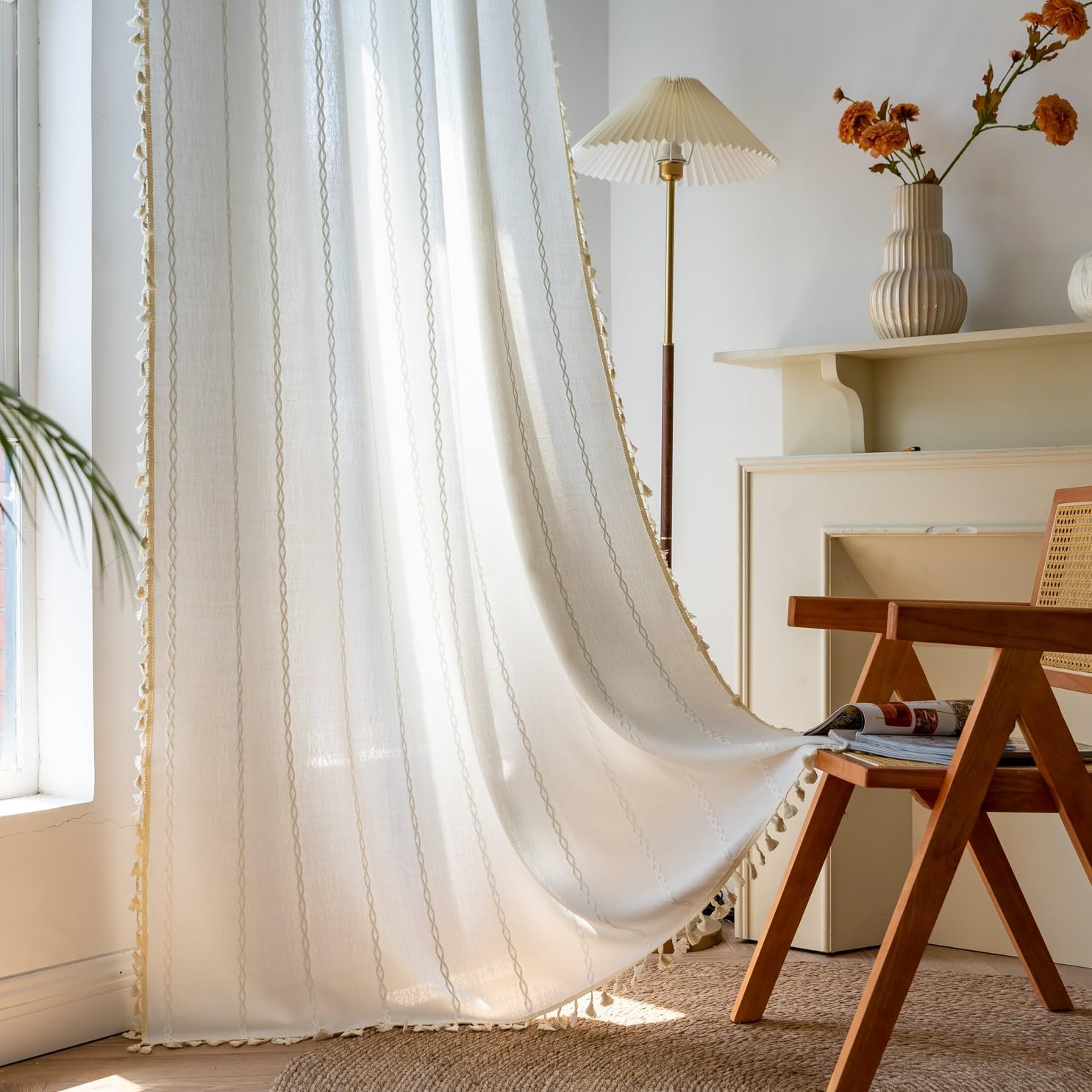 Sutuo Home White Boho Curtains, Bohemian 1 Panel 108 inches Extra Long for Bedroom Living Room Nursery Patio Christmas Decor, Vintage Country Striped