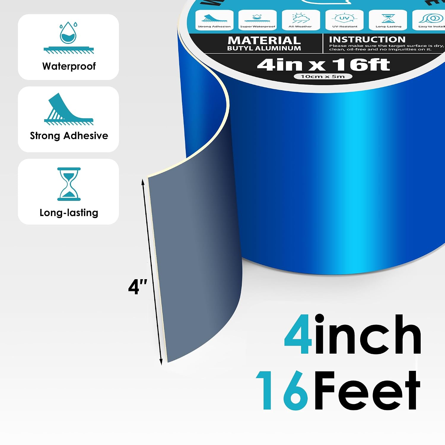 Blue Waterproof Sealing Tape for Pool Cover Repair, 4" x 16ft