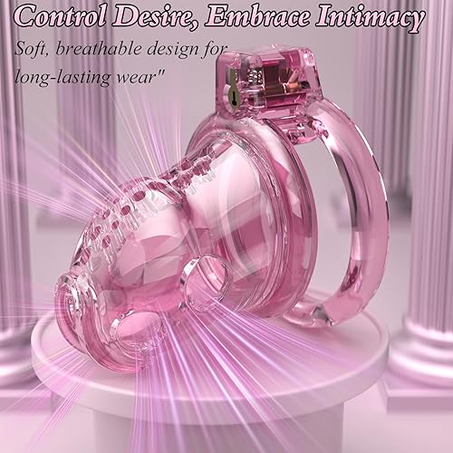 Miniatura 11 de Jaula de castidad masculina – Jaula de pene rosa ligera con parte delantera de plástico suave y anillos de 6 tamaños, cómodo dispositivo de castidad
