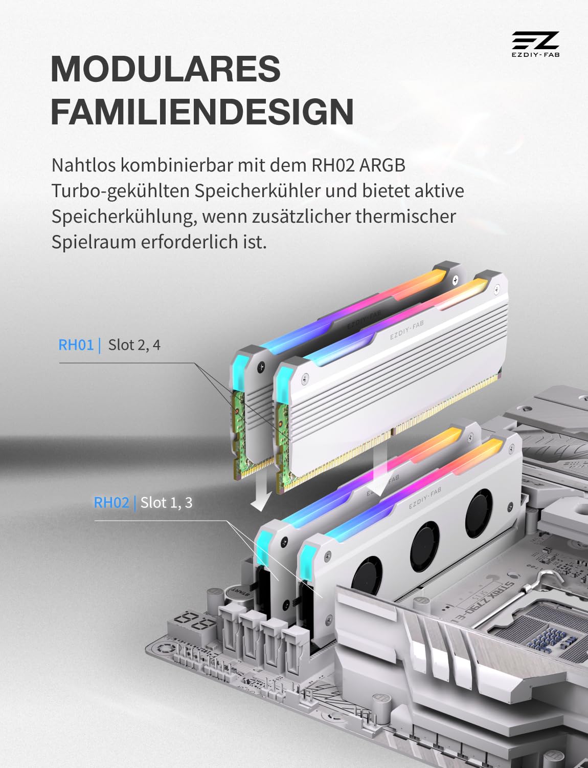 EZDIY-FAB RH01 ARGB RAM-Kühlkörper, RGB Memory Heat Spreader für DDR5 DDR4, Aluminium-RAM-Kühler mit 5V 3-Pin ARGB-Beleuchtung, Speicherkühlung für Gaming-PCs, 2 Pack-Weiß - 3
