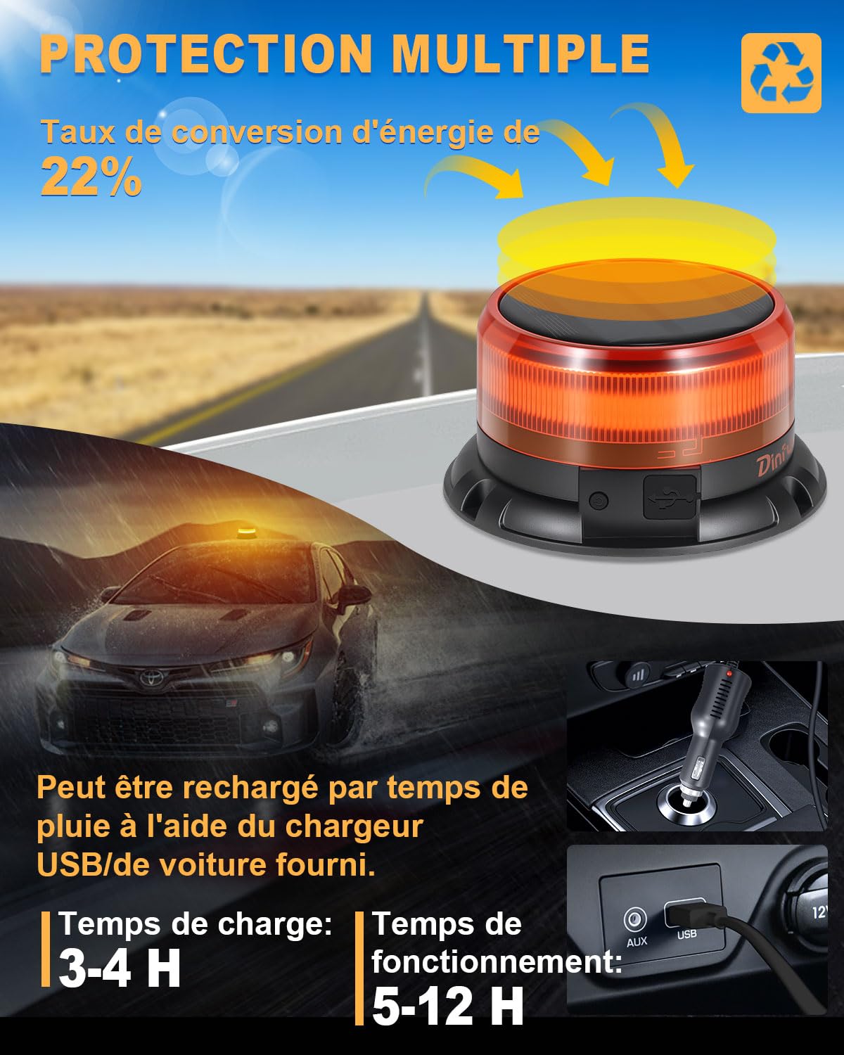 Dinfu Gyrophare LED Sans Fil solaire 9 motifs clignotants 12V 24V, lampe d'avertissement LED jaune avec chargeur de voiture et câble USB pour voiture, camion, tracteur, voiture de golf, SUV